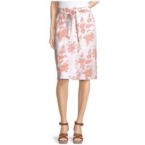 Liz Claiborne Linen Midi Skirt Sz 18 White Pink Floral Summer Coastal Boho Comfy